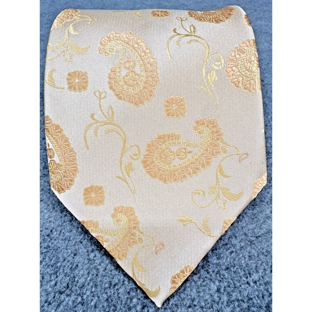 Silk Paisley Floral Necktie Peach Gold Jacquard Handmade Italy Men's Tie